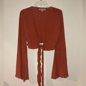 Urban Outfitted Rust Orange Rib-knit Bell Sleeve Tie Top | size L women's